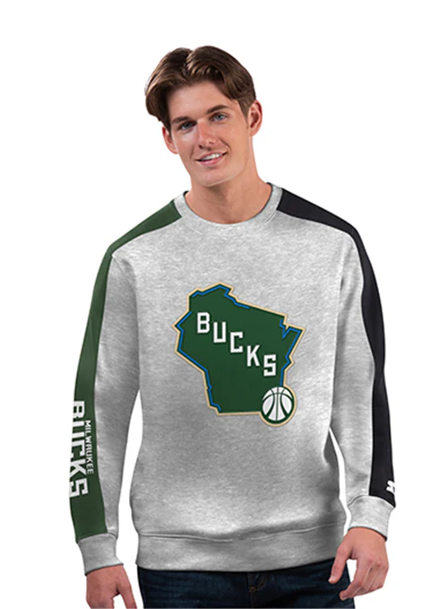 Starter Stadium State Grey Milwaukee Bucks Crewneck Sweatshirt