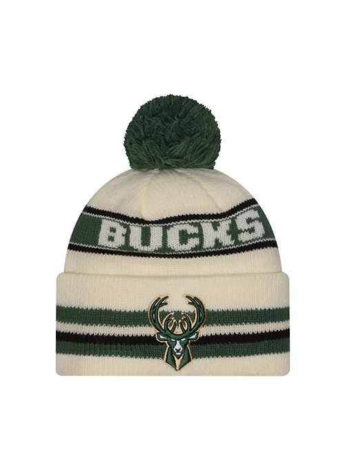 New Era Classic Cream Milwaukee Bucks Pom Knit Hat