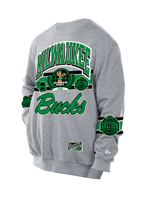 New Era Classics Grey Milwaukee Bucks Crewneck Sweatshirt