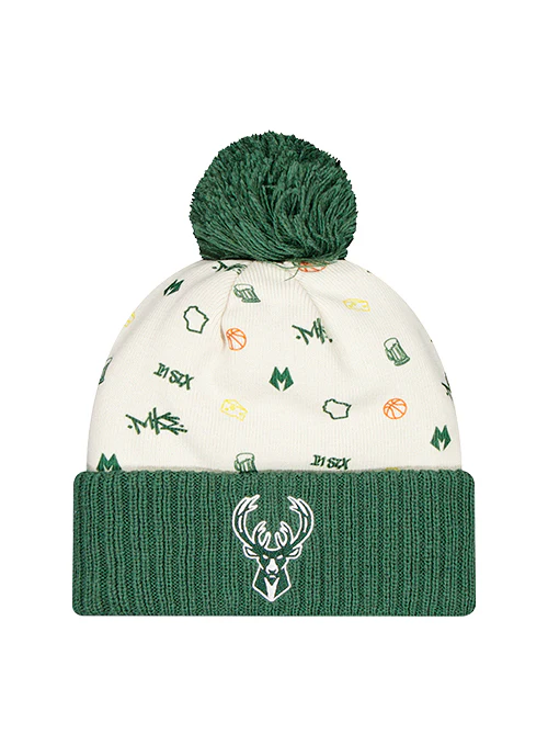 New Era Wisconsin All Over Print Milwaukee Bucks Cuff Pom Knit Hat - Image 2