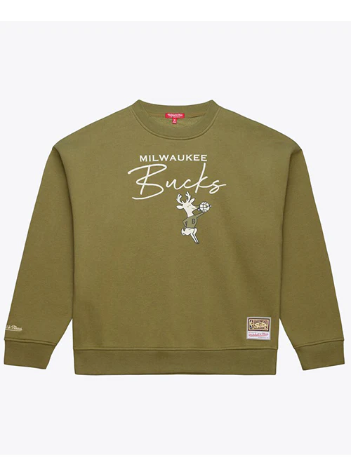 Women's Mitchell & Ness HWC '68 Olive  Milwaukee Bucks Crewneck Sweatshirt